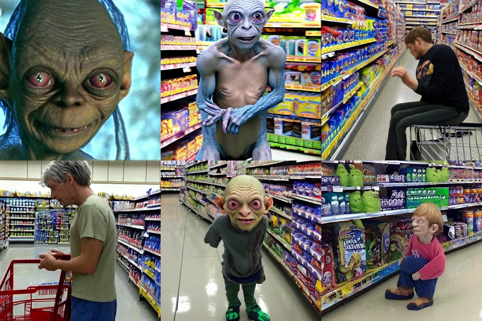 Prompt: Gollum looking for his mom in a Walmart