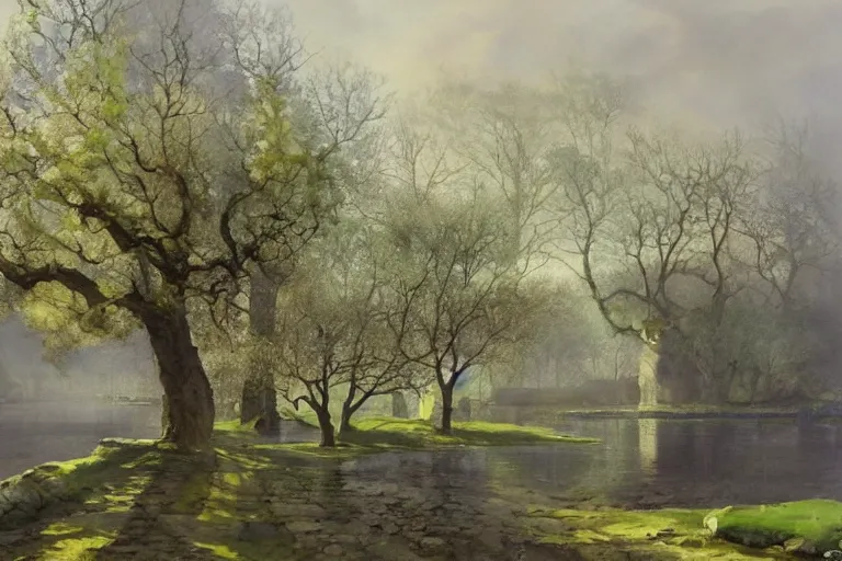 Prompt: watercolor painting of oak tree in foggy spring, cold morning, castle ruins, reflections and refraction, mythological art by hans gude, romance art by hans dahl, by jesper ejsing, art by anders zorn, wonderful masterpiece by greg rutkowski, cinematic light, american romanticism by greg manchess, creation by tyler edlin