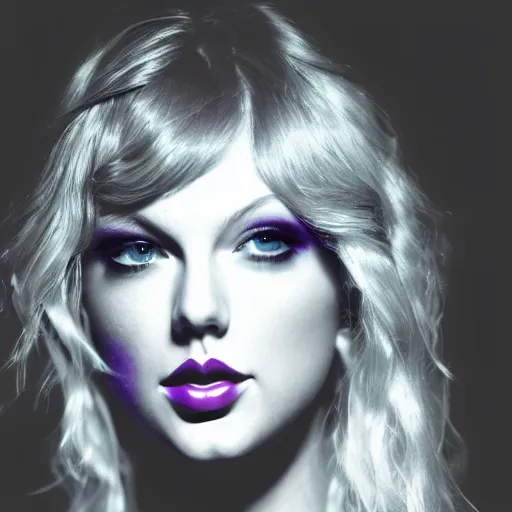 Image similar to closeup portrait of an ethereal Taylor swift made of purple light, divine, cyberspace, mysterious, dark high-contrast concept art