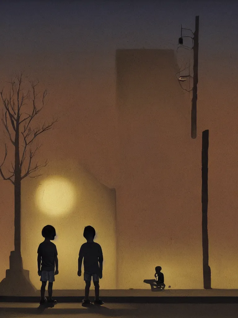 Prompt: two kids posing for a picture at night, dark, backlighting, rural area, desert town square, trees, artwork by edward hopper, james gilleard, zdzislaw beksinski, atmospheric