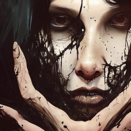 Image similar to portrait of a woman with long black hair and dozens of grubs on her face, coming out of holes in her skin, trypophobia, horror art, dramatic lighting, illustration by Greg rutkowski, yoji shinkawa, 4k, digital art, concept art, trending on artstation