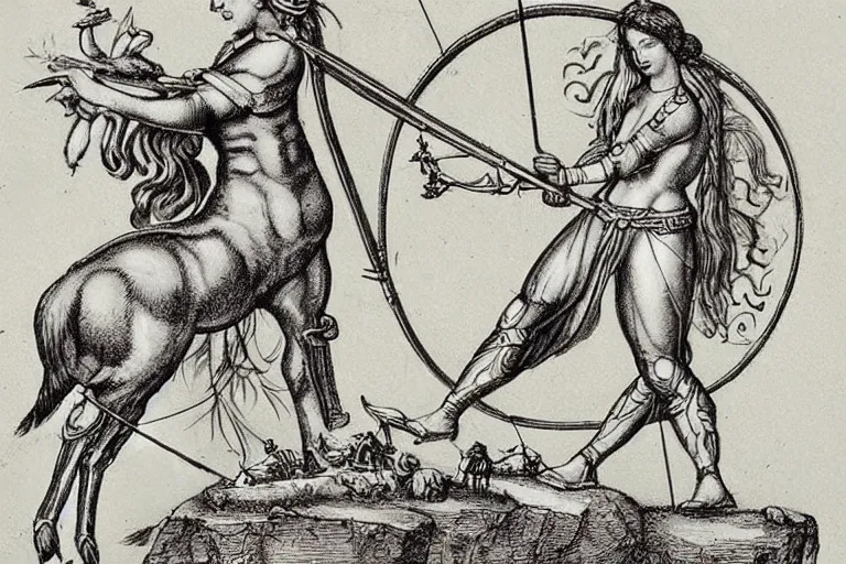 Image similar to Vintage, detailed, sketch of the goddess artemis aiming a bow at a cyborg deer. Art style of Leonardo da Vinci
