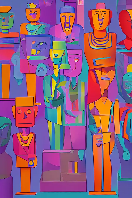 Image similar to cubist moai statue cutout digital illustration cartoon colorful beeple