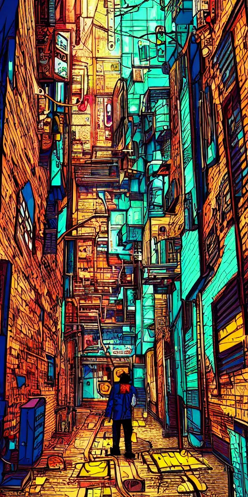 Image similar to person standing in a cyberpunk alley, pop art, markers, rtx, 8 k, ray tracing, highly detailed