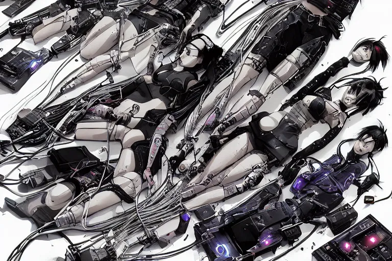 Image similar to a cyberpunk illustration of a group of coherent female androids in style of masamune shirow, lying on an empty, white floor with their bodies broken scattered rotated in different poses and cables and wires coming out, by yukito kishiro and katsuhiro otomo, hyper-detailed, intricate