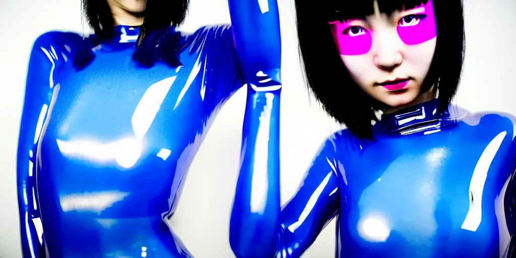 Image similar to a close - up risograph of cyberpunk japanese model girl with black eyes and pretty face wearing latex catsuit and lots of transparent and cellophane accessories, blue hour, twilight, cool, portrait, kodachrome, iso 1 2 0 0, painting by mayumi hosokura