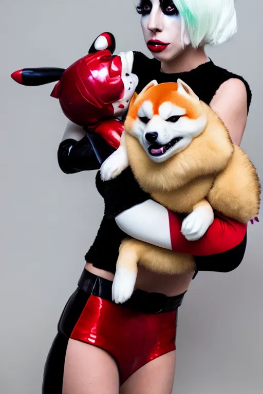 Image similar to lady gaga dressed as harley quinn attacked by plush shiba inu, plush toy, luxury materials, symmetrical, cinematic, elegant, professional studio light, real dlsr photography, sharp focus, 4 k, ultra hd, sense of awe, high fashion