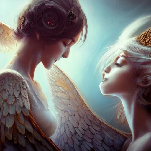 Image similar to 3d rendering, a demon girl and a angel girl kissing, fantasy, intricate, elegant, highly detailed, digital painting, artstation, concept art, art by artgerm and greg rutkowski