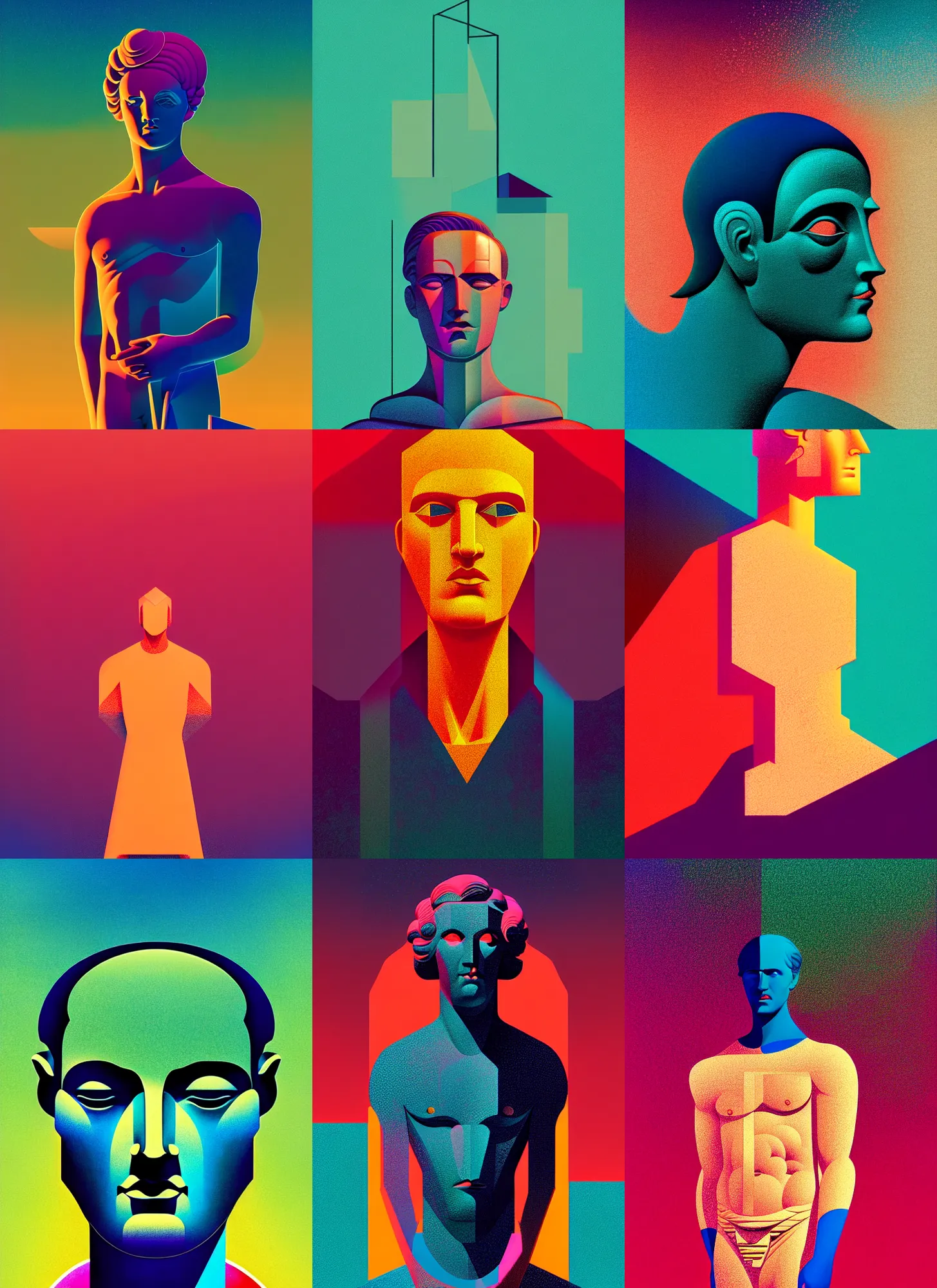 Prompt: ( ( dither ) ), editorial illustration portrait of a greek statue, ( ( emma lindstrom ) ), modern art deco, colorful, ( ( mads berg ) ), christopher balaskas, victo ngai, moebius, rich grainy texture, detailed, dynamic composition, wide angle, bauhaus, geometric