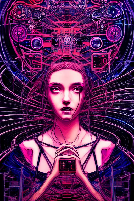 Image similar to dreamy cyberpunk girl, abstract smoke neon, digital nodes, computer network, beautiful woman, detailed acrylic, grunge, intricate complexity, by dan mumford and by mondrian, arthur rackham