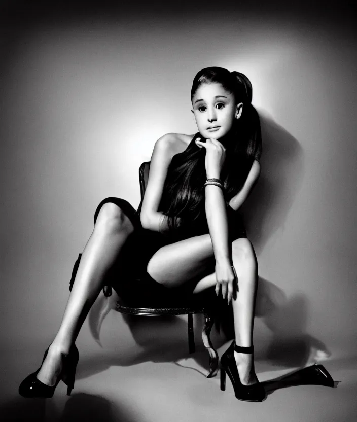 Image similar to award winning photo of Ariana Grande on a chesterfield lounge, symmetrical face, beautiful eyes, studio lighting, wide shot art by Sally Mann & Arnold Newman