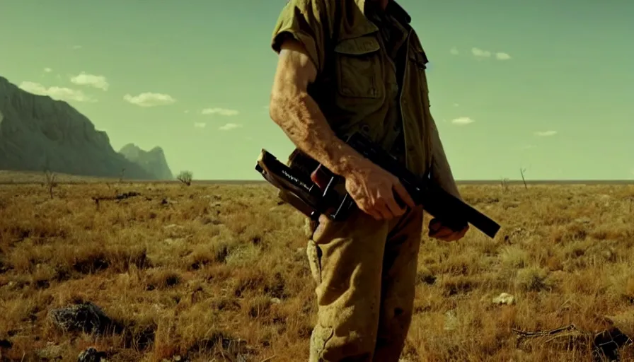 Image similar to lone survivor man holding a radio!! in post - apocalyptic nature landscape. movie screenshot. lush composition by wes anderson, shallow depth of field, cinematic. cinematic composition