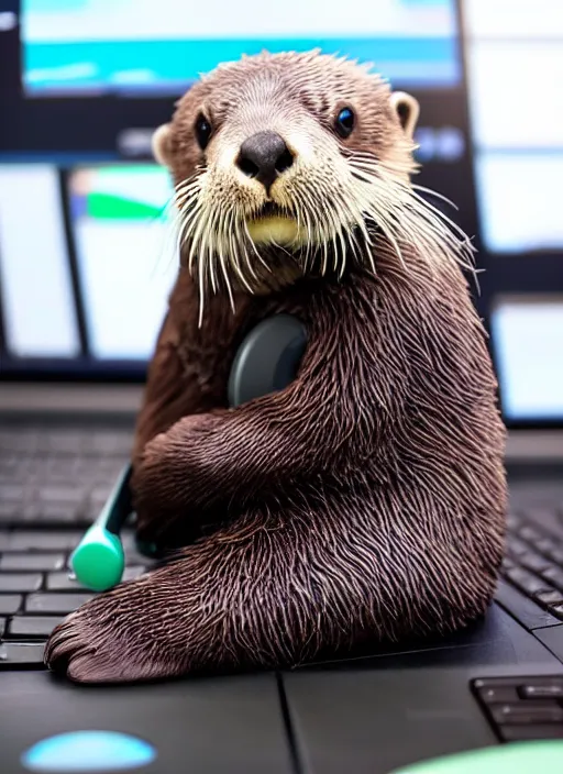 Image similar to cute sea otter wearing headphones sitting in front of a computer