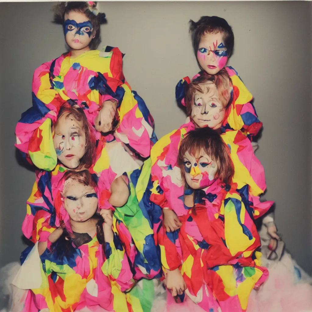 Image similar to a funny person wearing exaggerated makeup and colorful oversized garments, full body portrait, at a child's birthday party, polaroid