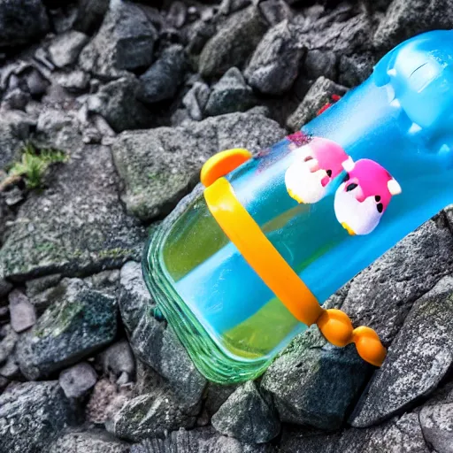 Image similar to a plastic bottle full of waddle dees are squeezed out of the bottle, professional photography outdoors