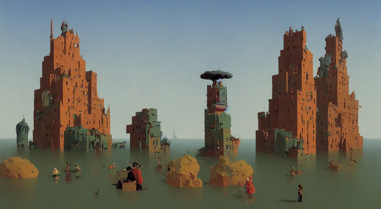 Prompt: single flooded simple clay tower, very coherent and colorful high contrast!! masterpiece by rene magritte simon stalenhag carl spitzweg syd mead norman rockwell edward hopper james gilleard, minimalist, dark shadows, sunny day, hard lighting