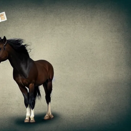 Image similar to a horse running a mortgage servicing company, but he doesn't know what he's doing, he's just a horse. the horse is confused by money