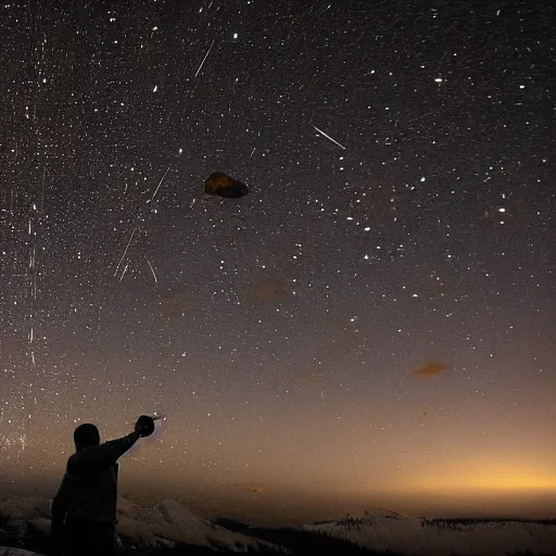 Prompt: meteors raining over alaska, people looking up in wonder, realistic, photograph