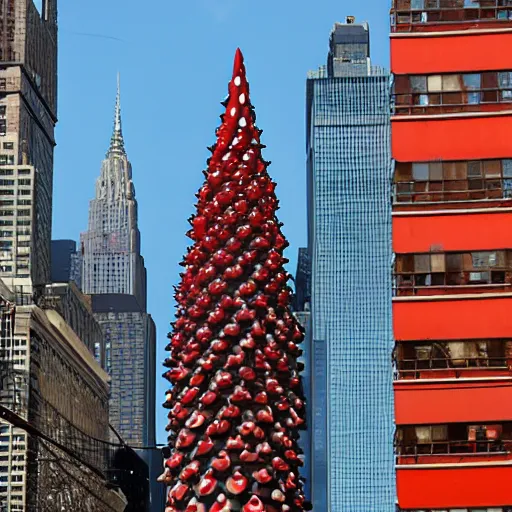 Image similar to a building of the shape of an amanita muscaria in the New York skyline