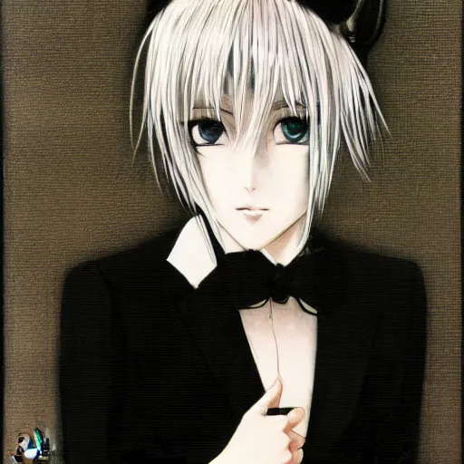 Image similar to Yoshitaka Amano realistic illustration of an anime girl with short white hair and black eyes wearing tuxedo, abstract black and white background, film grain effect, highly detailed, Renaissance oil painting