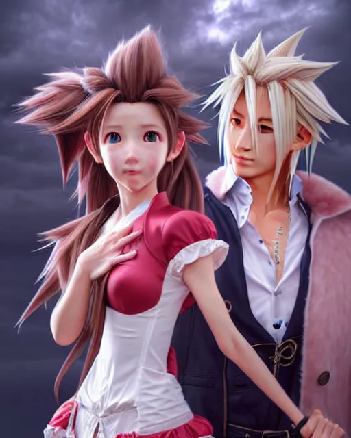 Image similar to character concept art of aerith gainsborough together with cloud strife at gold saucer, istinct - fine, key visual, realistic shaded perfect face, fine details by stanley artgerm lau, wlop, rossdraws, james jean, andrei riabovitchev, marc simonetti, sakimichan, and jakub rebelka, trending on artstation