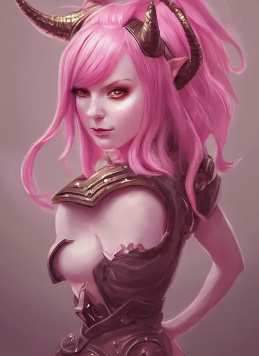 Image similar to a highly detailed illustration of cute smug pink haired pale girl with horns wearing pink dress, dramatic smirk pose, intricate, elegant, highly detailed, centered, digital painting, artstation, concept art, smooth, sharp focus, league of legends concept art, wlop.