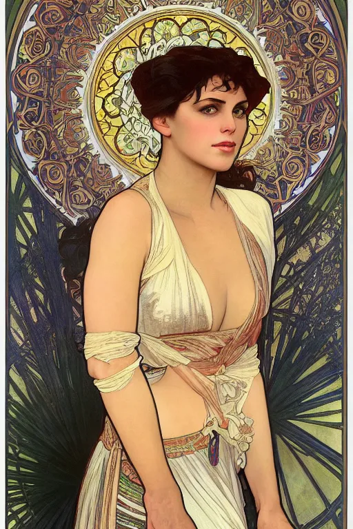 Image similar to portrait of monica belucci from the movie malena, artwork by alphonse mucha