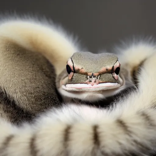 Prompt: photo of a fluffy ball python with fur