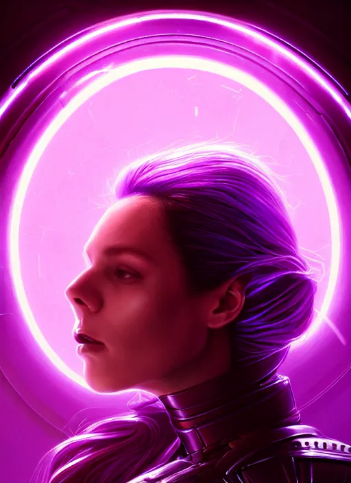Image similar to top down lighting, extreme close up, stunning portrait of a woman in purple leather future armor with a long black ponytail, purple eyes, glowing with void energy, spaceship hallway, intricate, harsh red lighting, highly detailed, digital painting, artstation, concept art, smooth, sharp focus, illustration, art by wlop, mars ravelo and greg rutkowski