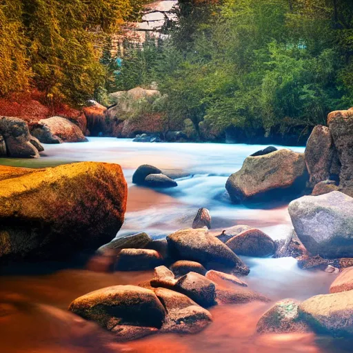 Image similar to a beautiful landscape, river, rocks, trees, volumetric lighting