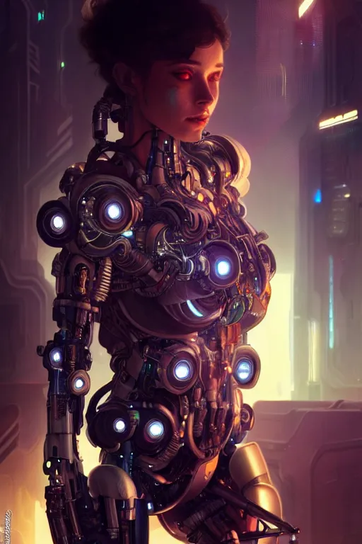 Image similar to ultra realistic, beautiful female cyborg in a crowded smoky cyberpunk club in space megalopolis, sci - fi, intricate details, eerie, highly detailed, octane render, 8 k, art by artgerm and alphonse mucha and greg rutkowski