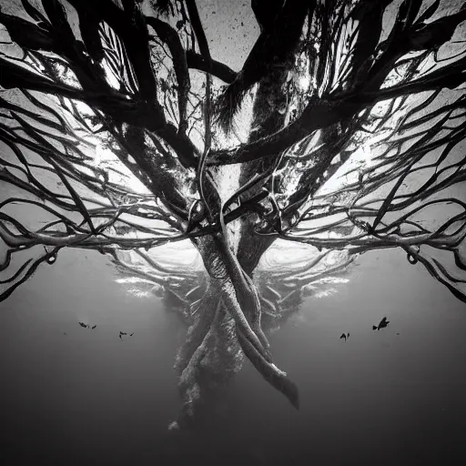 Image similar to long roots underwater, award winning black and white photography, high contrast, high definition