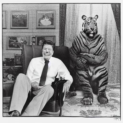 Image similar to [ ronald reagan sitting in chair with a tiger lying at his feet ]