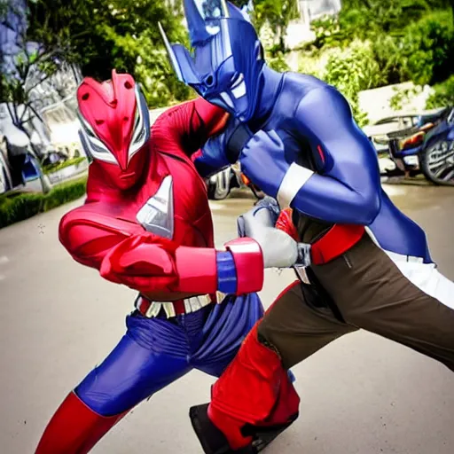 Image similar to ultraman fighting, photo realisitc, photography, tv show