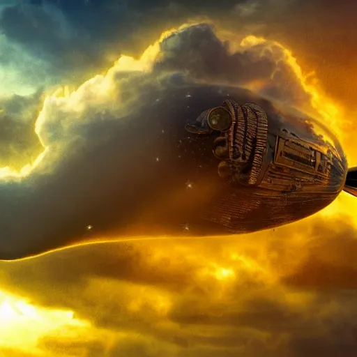 Prompt: big steampunk zeppelin flying in big fluffy clouds, cinematic light, epic scene, god rays, 8 k, high detailed ornaments, liquid marbling acrylic paint, sunset, magic hour, golden hour, strathosphere, nebula sky, milkyway