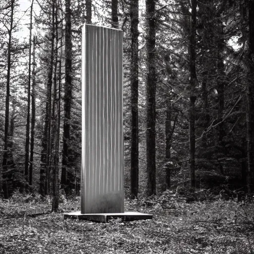 Prompt: polaroid of a metal monolith in the forest. creepy atmosphere, liminal space.