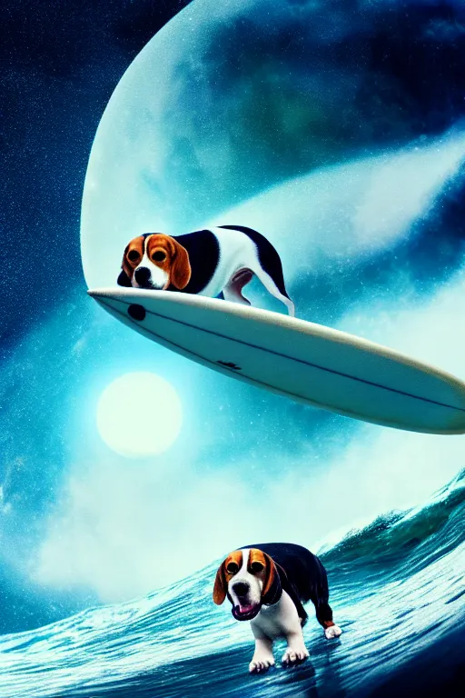 Image similar to beagle dog surfing a surfboard on a sparkly crashing wave of stardust in space, background is a moon in nebula, octane render, unreal engine, wide view, 8 k, highdetaild