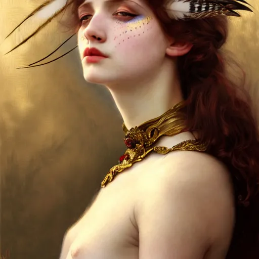 Image similar to portrait of a girl with feathers on her face, face, fantasy, intricate, elegant, dramatic lighting, highly detailed, lifelike, photorealistic, digital painting, artstation, concept art, smooth, sharp focus, illustration, art by John Collier and Krenz Cushart and Artem Demura and Alphonse Mucha and and Albert Aublet