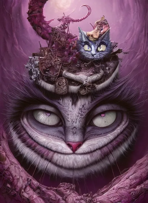 Image similar to cheshire cat, highly detailed, cinematic, 8 k, by megan duncanson, benjamin lacombe, stanley artgermm, tom bagshaw, craig mullins, carne griffiths, ayami kojima, beksinski, giger, trending on deviantart, hyper detailed, horror, full of colour