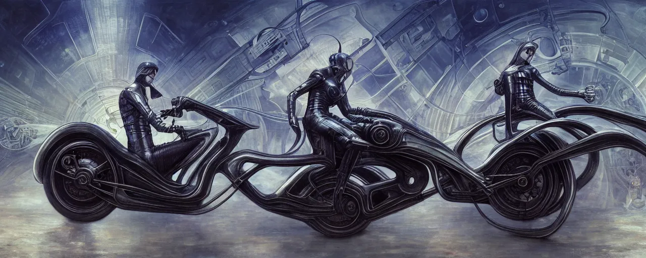 Image similar to nikola tesla riding a futuristic motorbike designed by h. r. giger, nikola is driving through a city with heavy traffic, rule of thirds, uhd 8 k, high detail, masterpiece, cinematic, bokeh, hyperdetailed, photorealistic, hyperrealism, intricate, by stanley artgerm lau, greg rutkowski, moebius