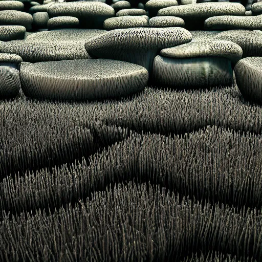 Image similar to : abstract sculpture in mushroom feild cinematic lighting, hyper - realistic, detailed, render by c 4 d octane, unreal engine, 8 k 3 d render