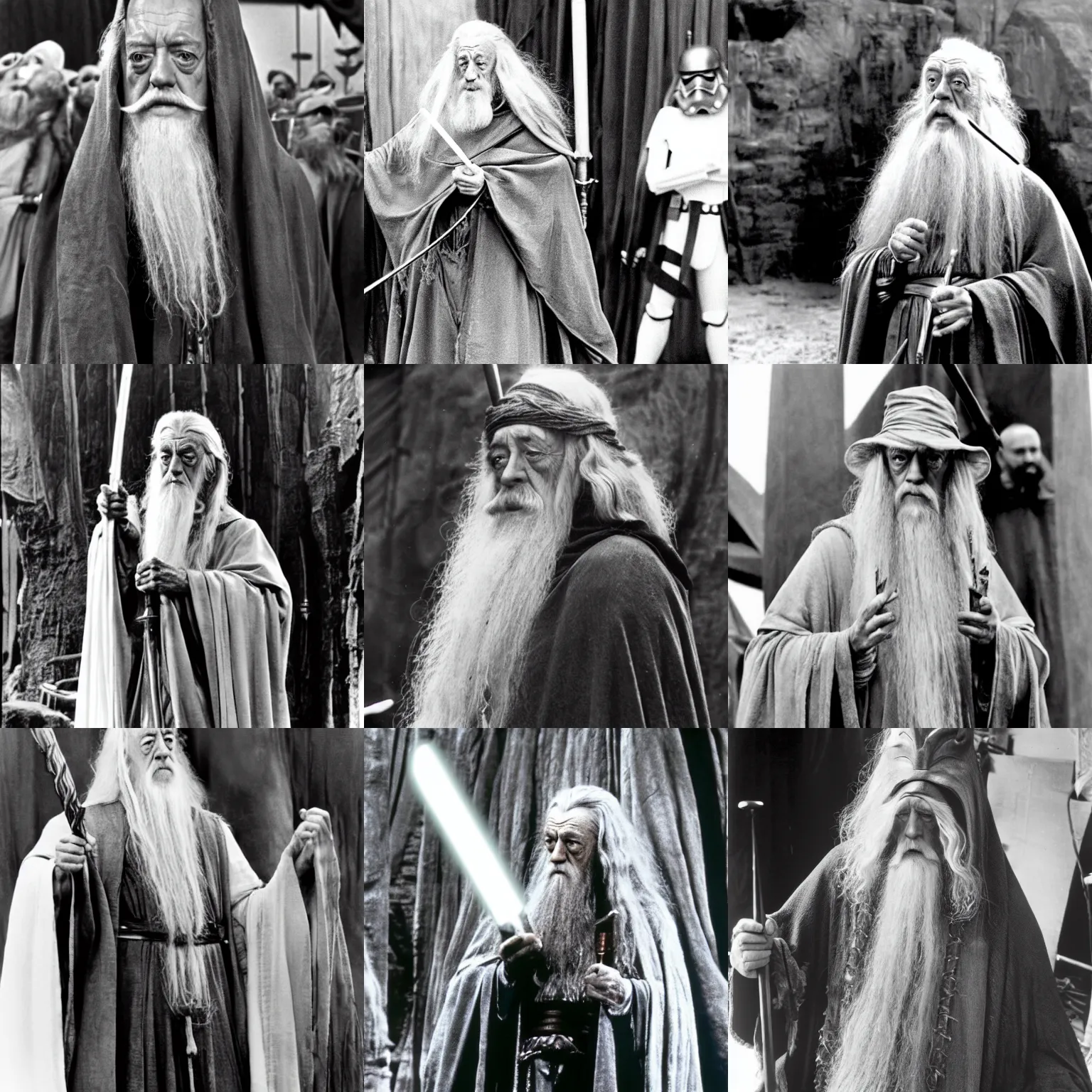 Prompt: Alec Guinness as Gandalf the White on the set of Star Wars