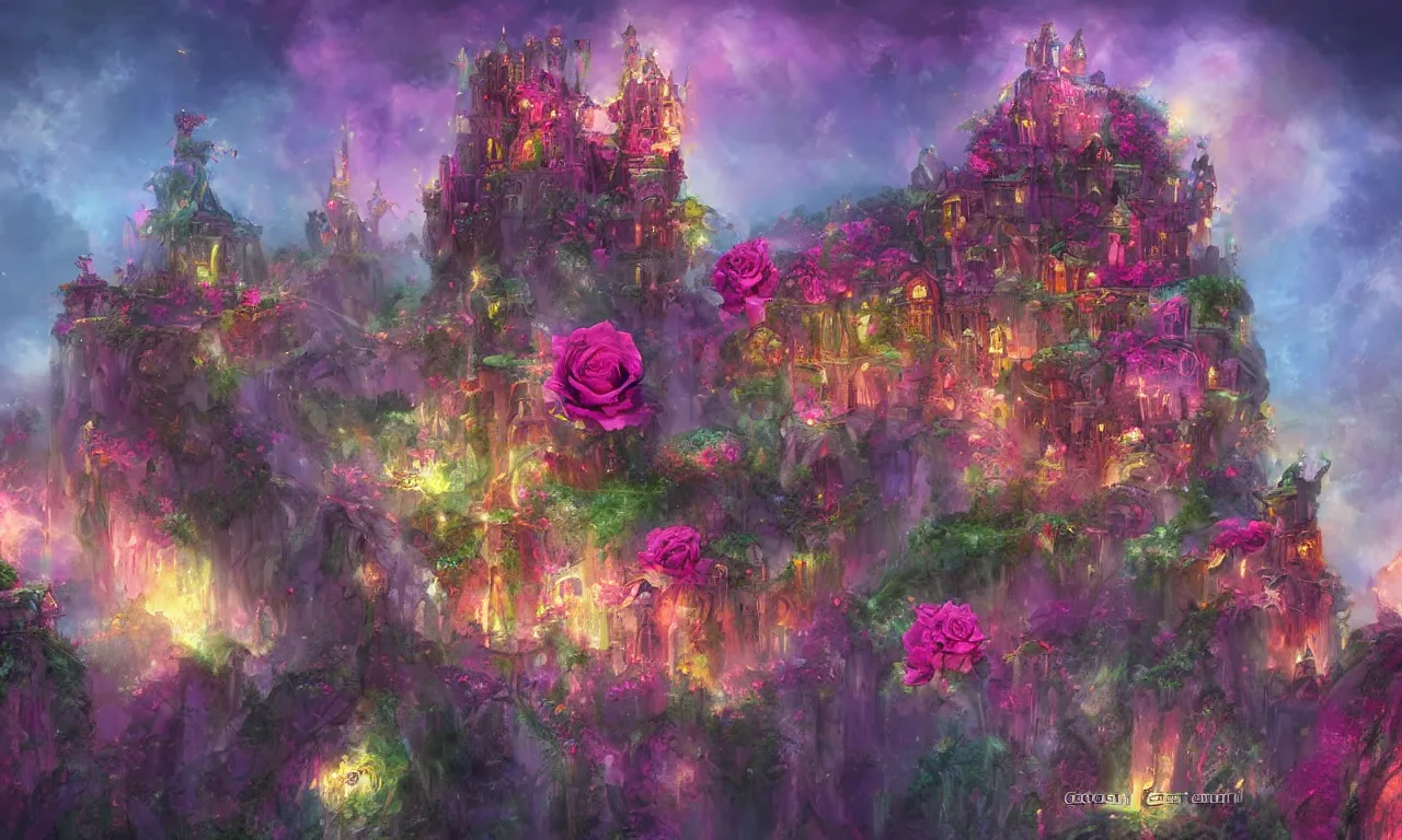 Prompt: concept art of the colorful rose castle, spectacular, magnificent, fantasy, by georgia hart and osnat fine art,