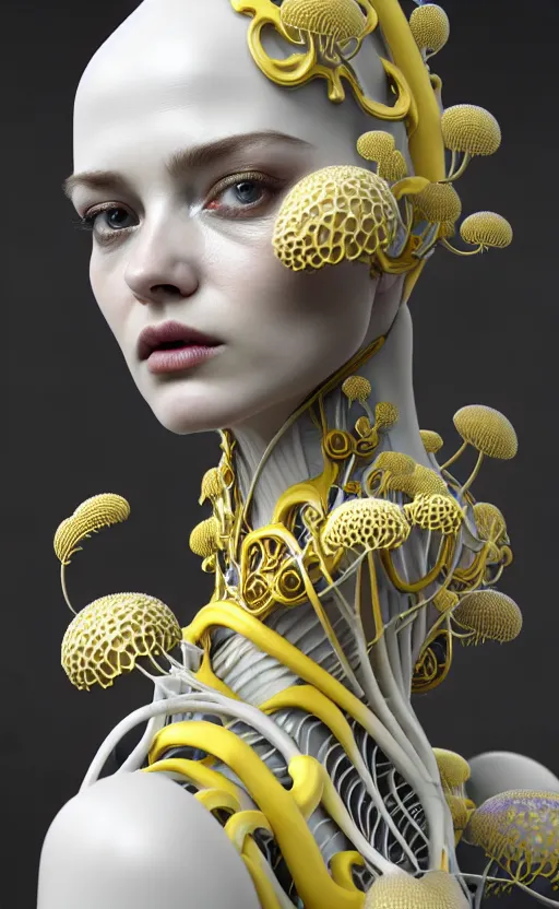 Prompt: intricate hyper detailed ultra sharp 3 d render of a beautiful smooth white porcelain seductive cyborg woman portrait, medium shot portrait, bright light, alexandre ferra mecha, haute couture deeply cyberpunk art nouveau huge white fractal mycelum and fungi light yellow blooms head ornaments, big embroidered leaves filigree spreaded roots, octane render, volumetric cinematic lighting, 8 k, vray tracing