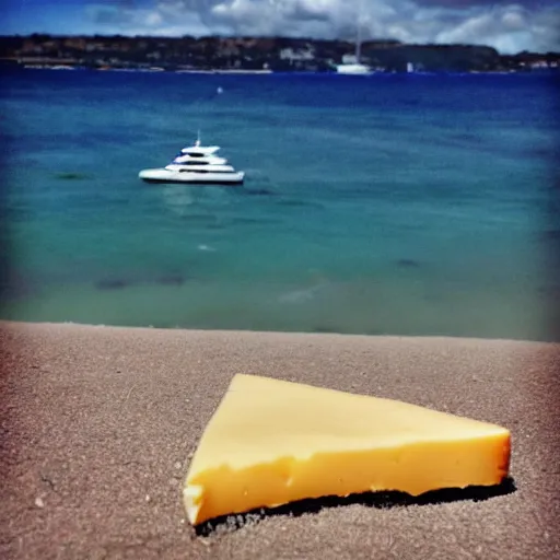 Prompt: a slice of cheese melting on the beach. big yacht on back scene. iphone photo. naturalism