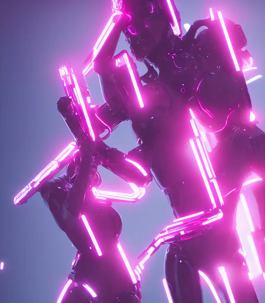 Prompt: cinematic, photography, a beautiful rihanna cyborg, perfect bionic body, pink chrome armor, neon holographic ui data displays, pink space gun, hajime sorayama, masamune shirow, octane rendered, 4 k, lens flare,