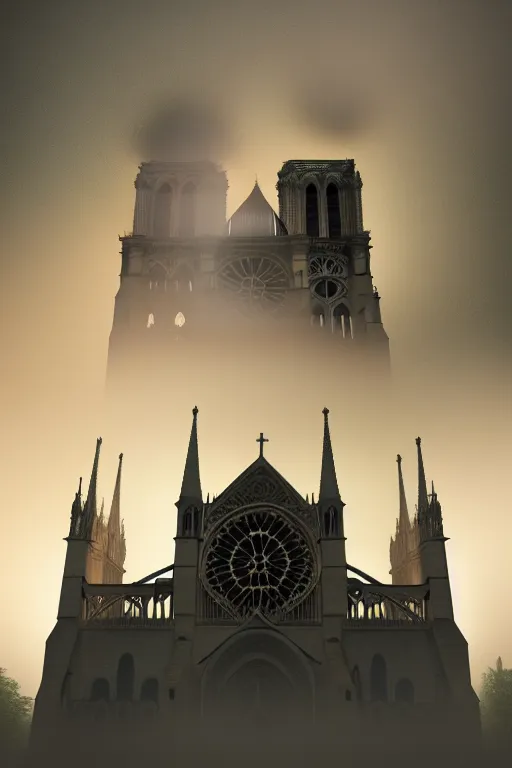 Image similar to misty artistic rendering Cathedral of Notre Dame, ash in the air, silent hill style, 8k resolution, octane render, volumetric lighting popular on artstation, popular on deviantart,