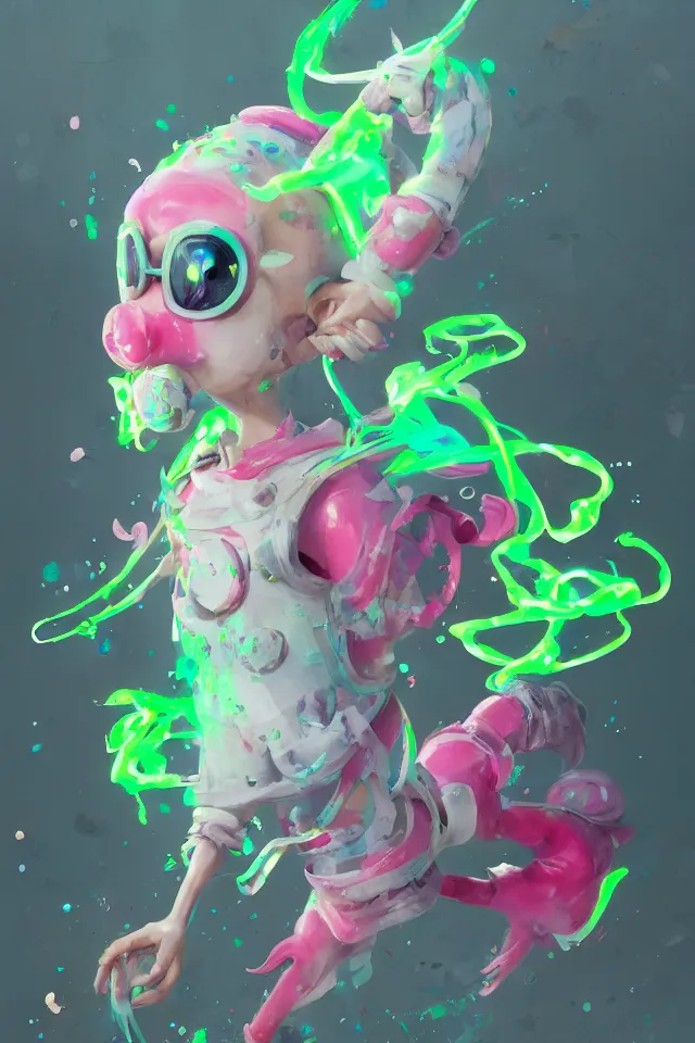 Image similar to a beautiful fullbody portrait of a cute happy splatoon boy with pink hair and green eyes wearing sports clothing tight leggings. character design by cory loftis, fenghua zhong, ryohei hase, ismail inceoglu and ruan jia. artstation, volumetric light, detailed, photorealistic, fantasy, rendered in octane