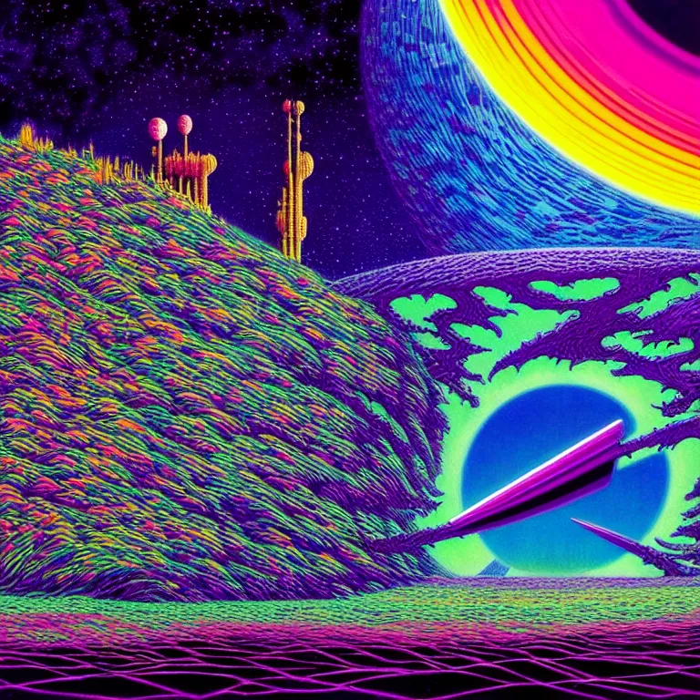 Prompt: edge of interstellar space, synthwave, bright neon colors, highly detailed, cinematic, tim white, philippe druillet, roger dean, aubrey beardsley, ernst haeckel, lisa frank, vladimir kush, kubrick, isono