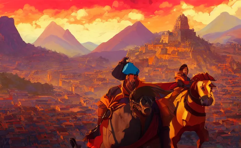 Prompt: spanish Francisco Pizarro with a burning Inca city behind him, Video game character design , 2d game fanart behance hd by Jesper Ejsing, by RHADS, Makoto Shinkai and Lois van baarle, ilya kuvshinov, rossdraws global illumination